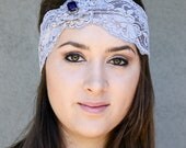 Gray lace stretch elastic turban style headband, women hair accessory