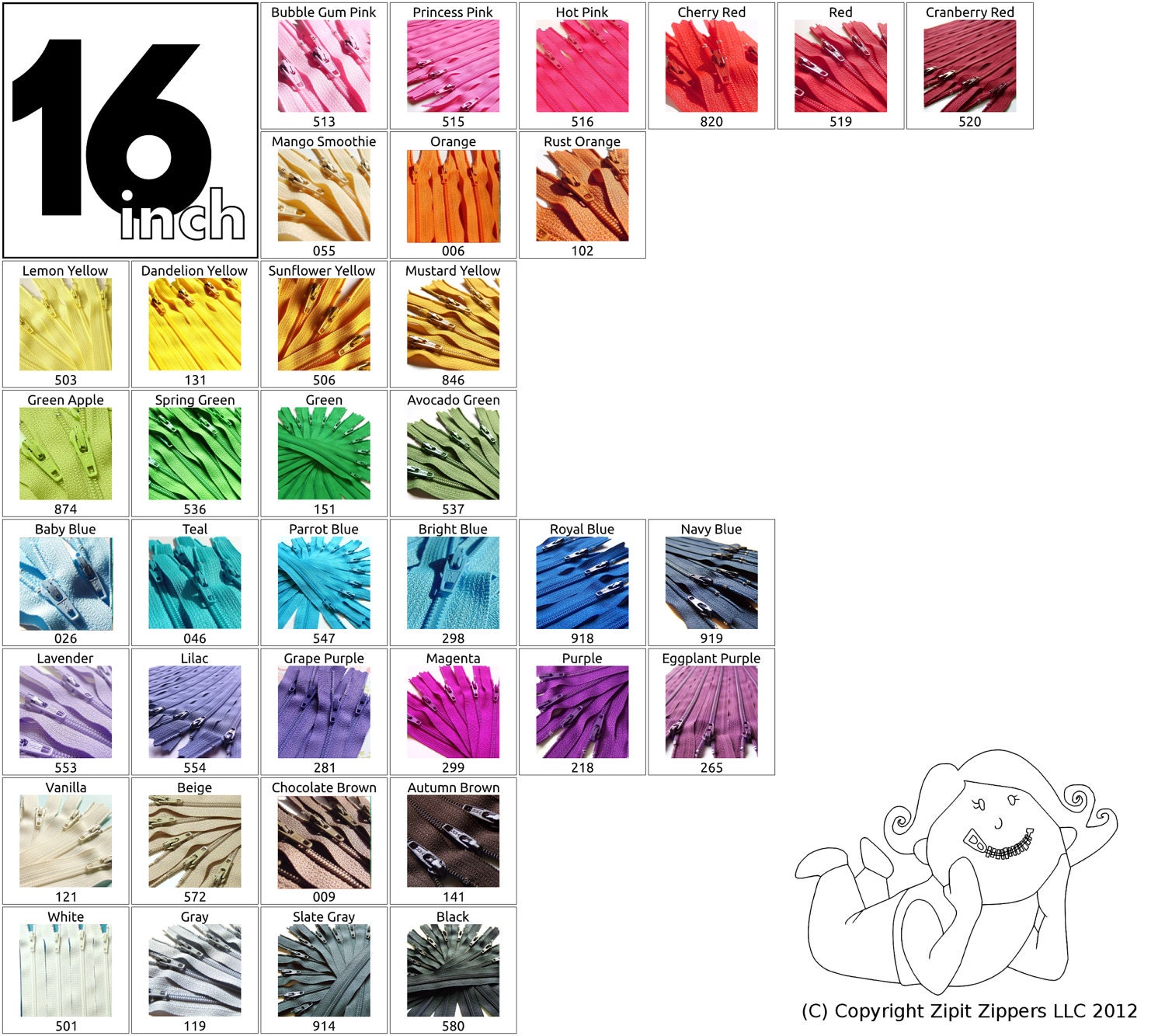 Your Choice of 10 YKK Brand 16 Inch Zippers Mix and Match cherry red orange yellow green blue gray brown cream hot pink white black purple