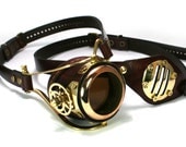 STEAMPUNK MONOGOGGLE and EYEPATCH  brown leather polished brass gears Flex Solid Frame O