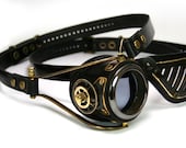 STEAMPUNK MONOGOGGLE and EYEPATCH  black leather blackened brass gears Flex Solid Frame llll
