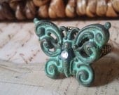Spring Butterfly - Adjustable Brass Teal Butterfly Ring