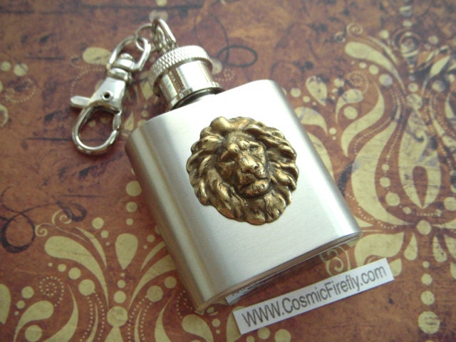 Mini Flask Keychain Brass Lion on 1 Oz  Miniature Size Gothic Victorian Steampunk Style From Cosmic Firefly