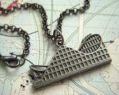 Roller Coaster Necklace Pewter Silver Tone Metal Pendant Amusement Park Ride Jewelry Long Chain