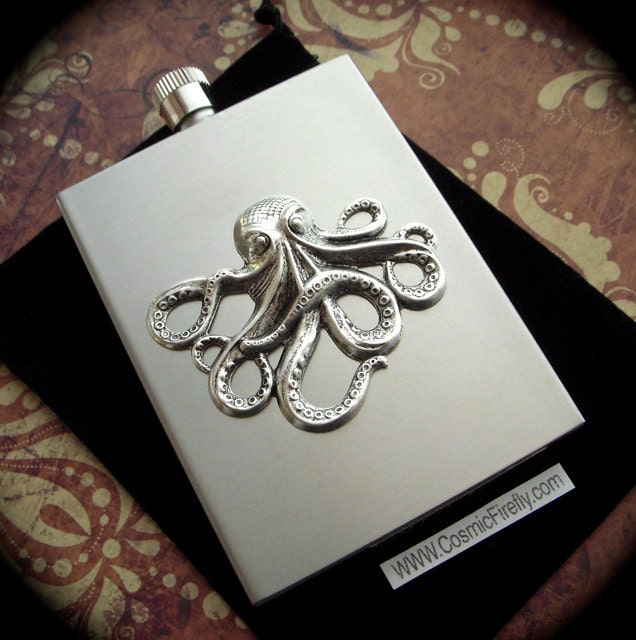 Antiqued Silver Octopus Flask Industrial Steampunk Retro Inspired Rectangle Square Edges Stainless Steel