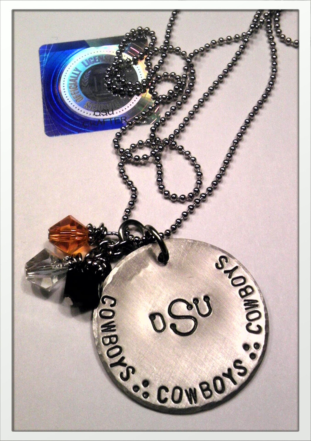 JBK Large OSU Cowboys custom hand stamped necklace with crystals