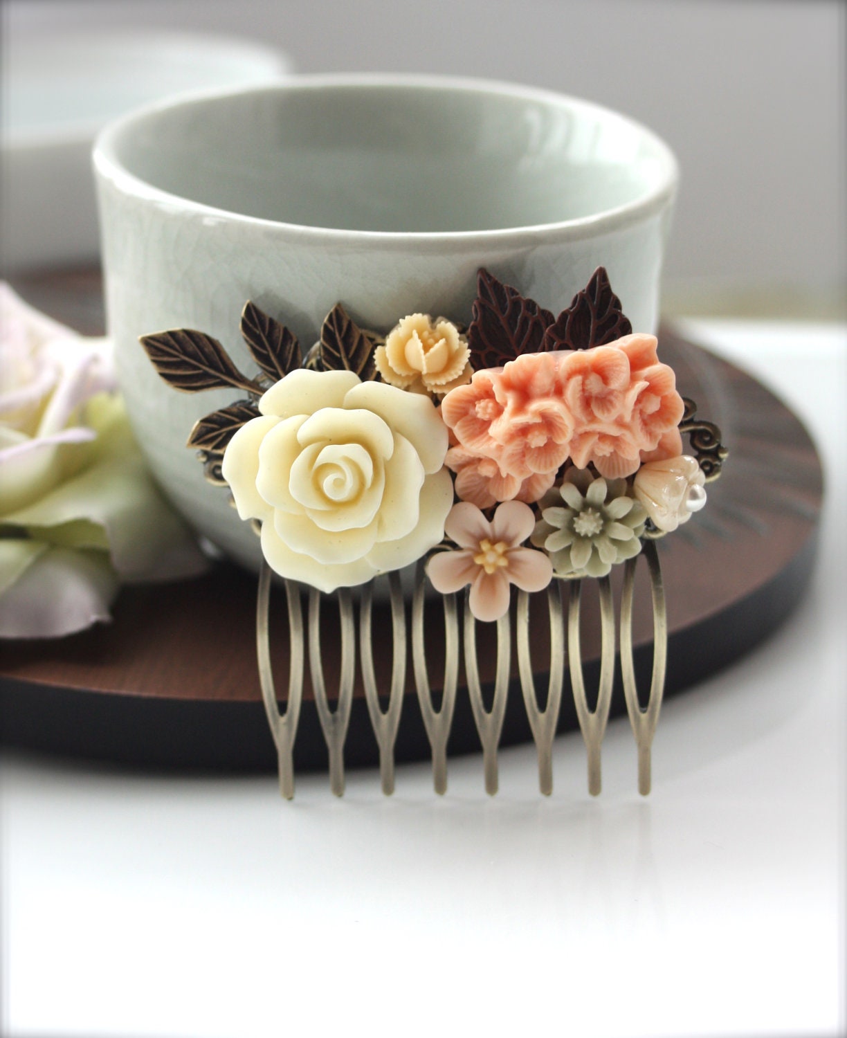 A Pastel, Ivory Rose, Peach Flower, Brass Leaf, Vintage Style Collage Hair Comb - Bride, Maid Of Honor, Bridesmaids Hair comb,  Wedding.
