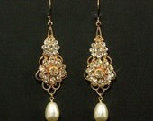 Gold Chandelier Wedding Earrings -- Bridal Earrings,  Pearls Rhinestones Wedding Jewelry, Gold Filligree Long Earrings -- PARFAIT LUXE