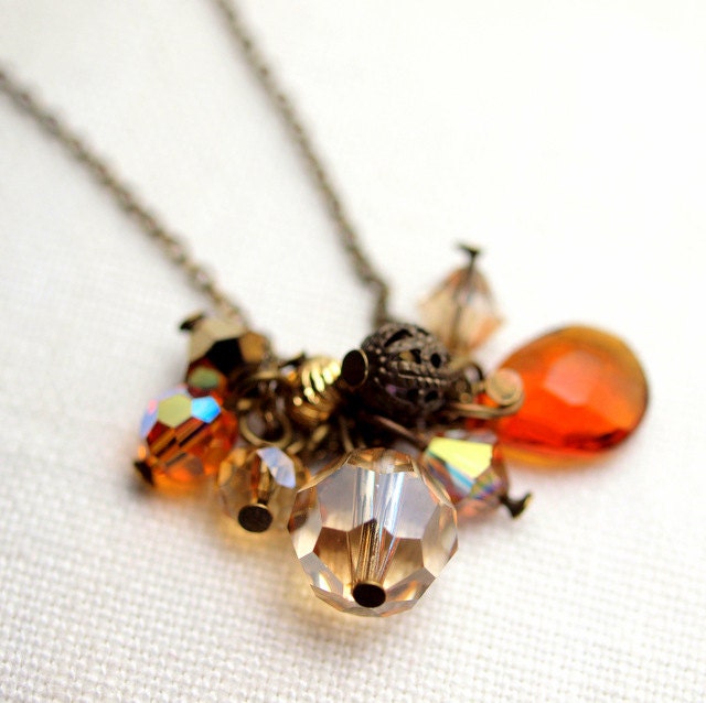 Light Brown long necklace with multipendant in vintage gold chain
