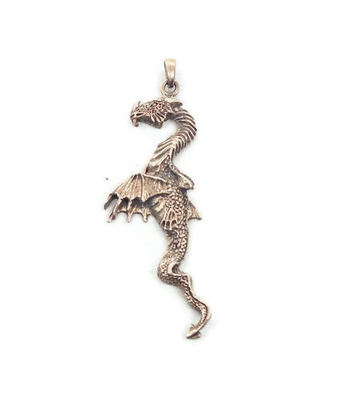 Dragon Pendant Sterling Silver - HUGE Gothic Fantasy Vintage 1980s - 3" - InVintageHeaven