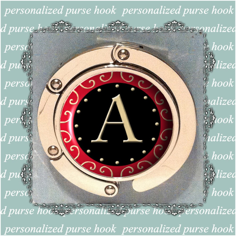 Red Swirl Personalized Letter Purse Hanger Bag Hook in Gift Tin - Keep your bag off of the floor - Great gift for mom, sister, grandma