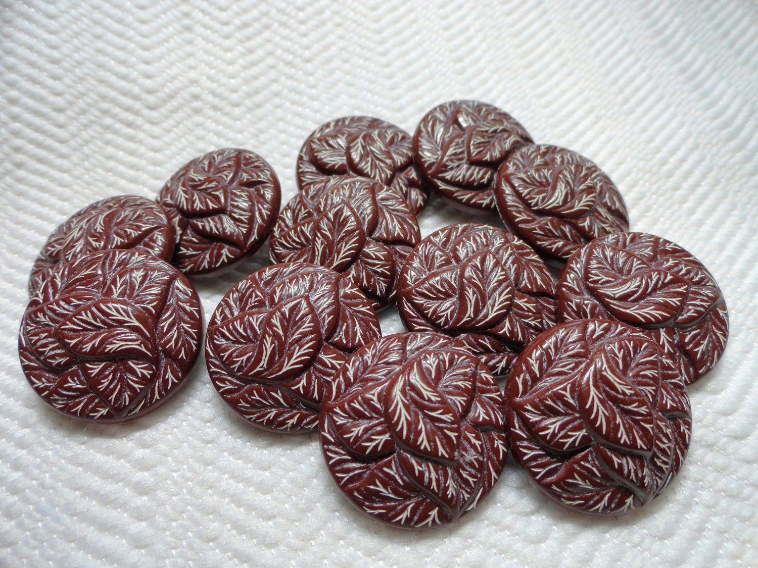 Fern Vintage Buttons - Whispy White Ferns on Mocha Background