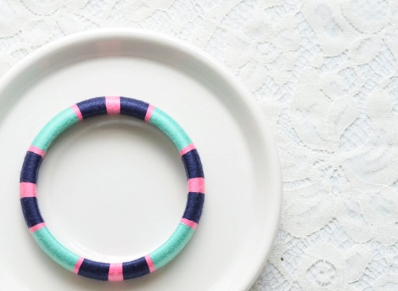 Mint. Navy. Pink. Geometric Thread Wrapped Bangle Bracelet - no. 518