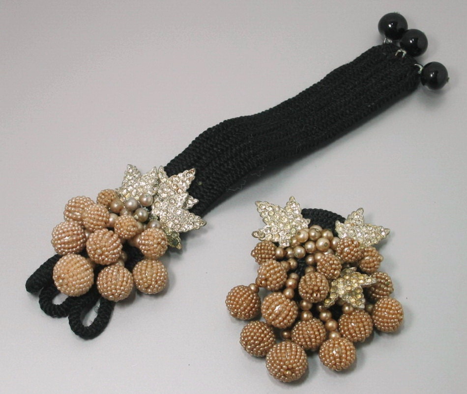 Vintage,1929 to 37 WWII Miriam Haskell, Pearl Tapestry Bracelet, Clip Parure