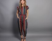 80s STRIPED Cotton JUMPSUIT / Low Back Cropped & Belted Romper, xs