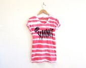Quel SCANDALE - Hand Dyed Striped Stenciled Scoop Neck Word Bubble Rolled Cuffs Tee in Red and White - S M L XL