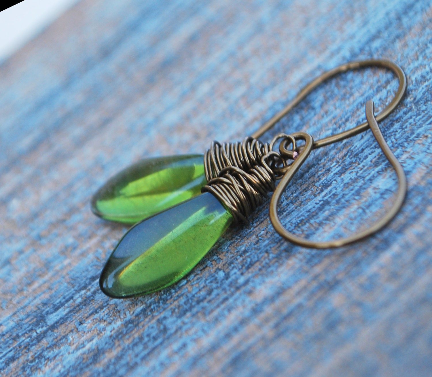Little Green Daggers - Czech Fire Polished Beads on Bronze Enameled Copper Earwires