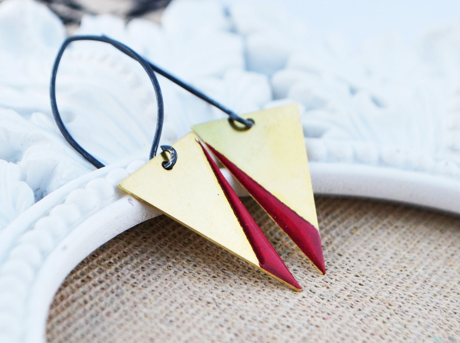 Ruby Red Hand Painted Enamel on  Brass Triangle with Oxidized Sterling Silver - GeoRed Earrings