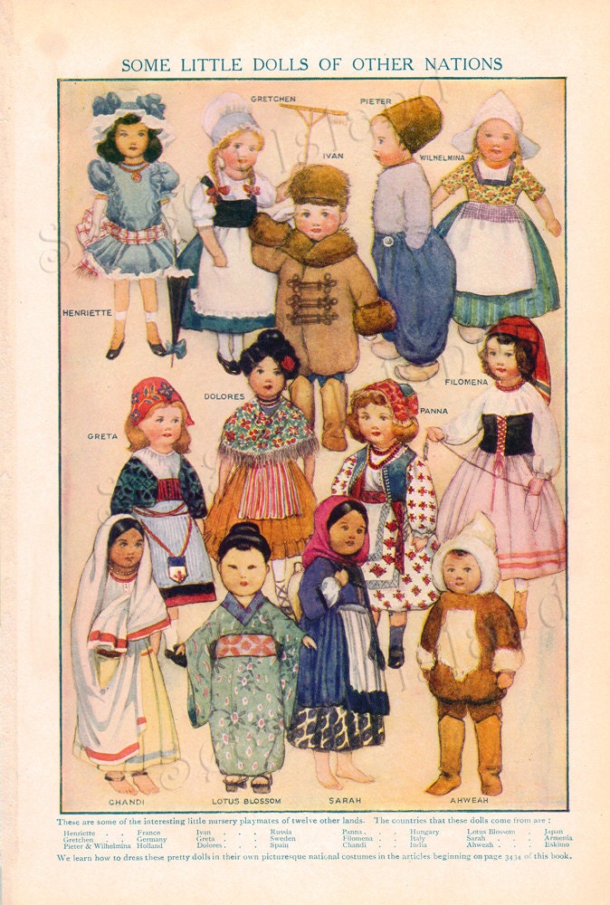 Little Dolls of Different Nations - Vintage 1920s Children's Book Plate - Costumes