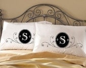 Two (2) Fancy deluxe Monogram bedding pillow case cover modern unique gift WHITE ornate initials crest black room guest home decor bedroom