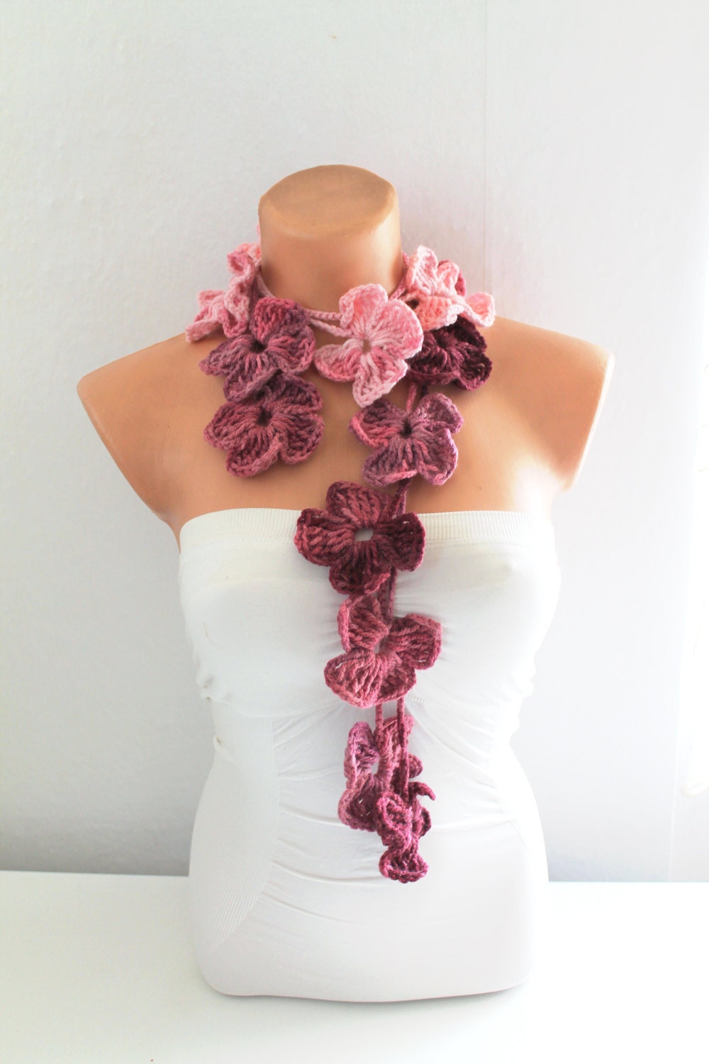 ON SALE Flower Scarf Multicolor Pink Crochet Flower Scarf Lariat Scarf