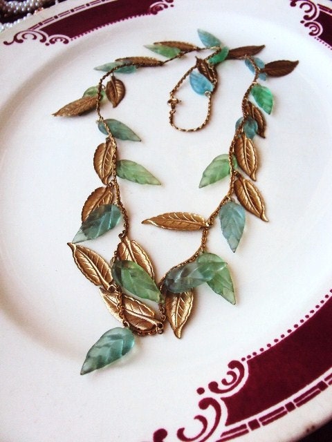 Vintage Charm Necklace Lucite Leaves and Brass