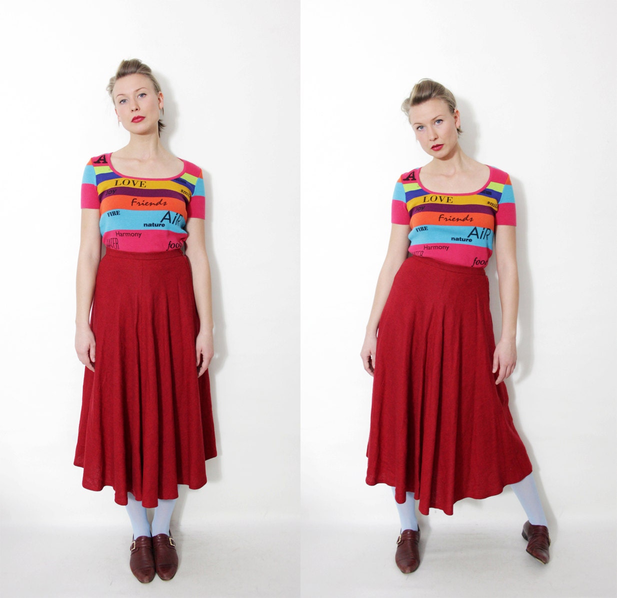 Vintage skirt / long red full high waist skirt / size S