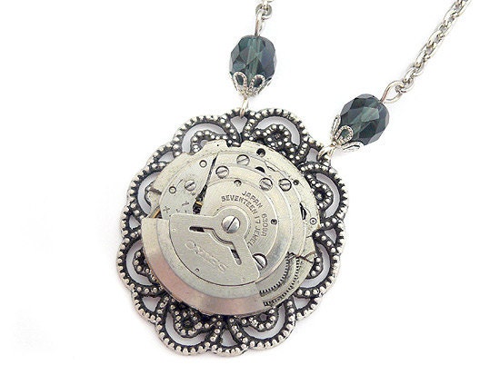 SALE Steampunk Necklace, Victorian Jewelry, Vintage Watch Movement, Wedding Bridal Bride Groom Black Dark Noir Steam Punk Gothic Jewellery