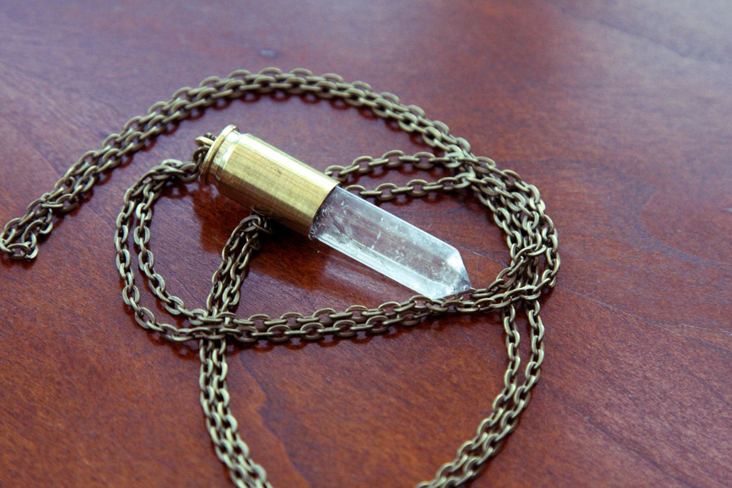 Quartz Crystal Bullet Bronze Necklace - Clear Raw Rough Stone Natural Cloudy Smooth Point Spike Bullet Case
