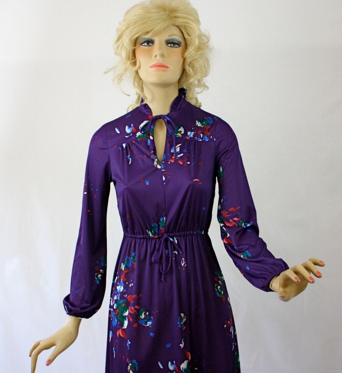 Vintage 70s Day Dress Silky Purple Floral Print Secretary Day Dress w Bow Tie