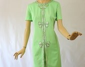 Vintage 60s Sequin Party Dress  Green w Iridescent Sequin Bow Design