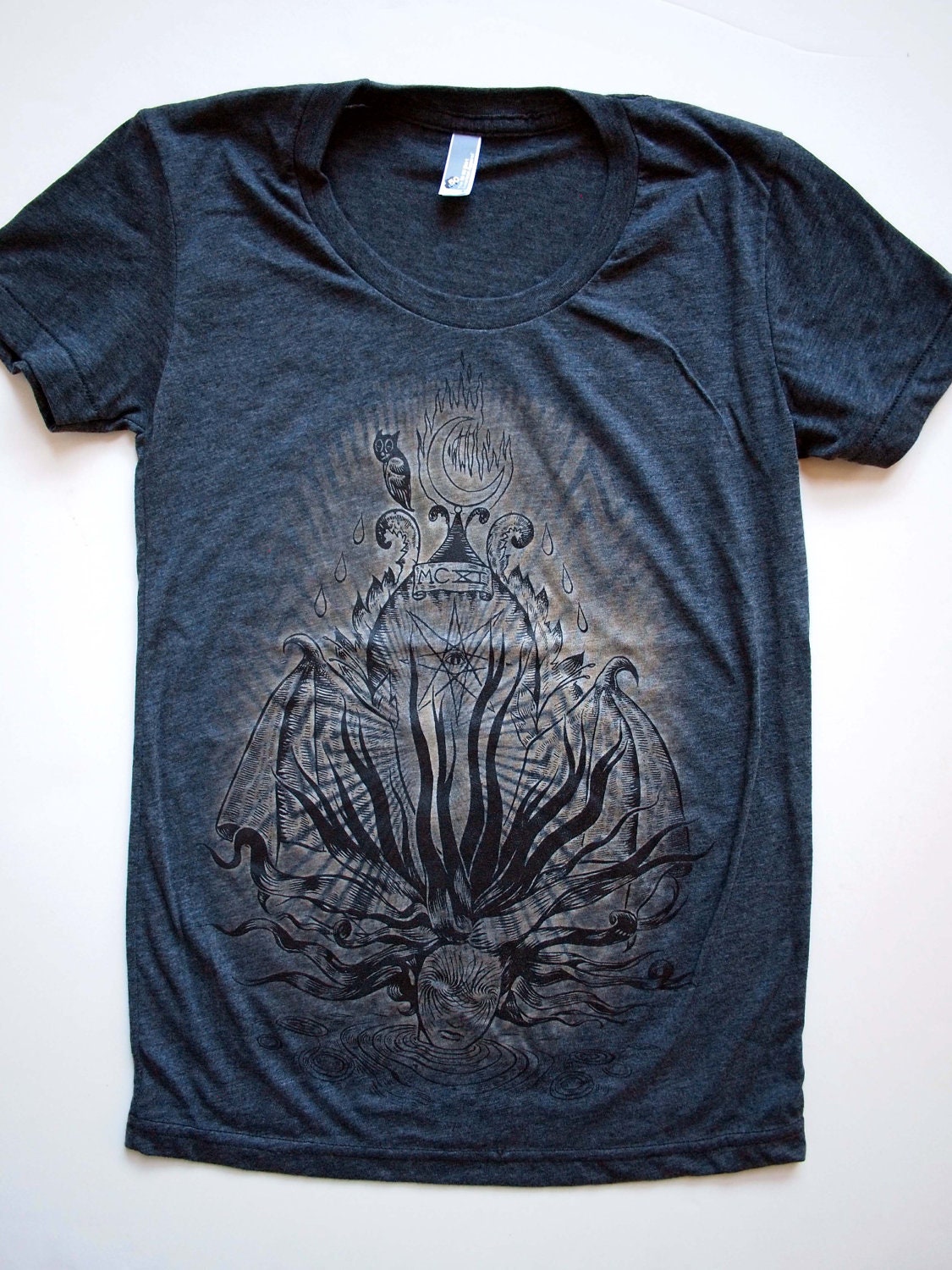 Water Spirit multi process-screenprint on Heather Black Women's 50/50 ringspun-cotton and polyester Scoop neck shirt