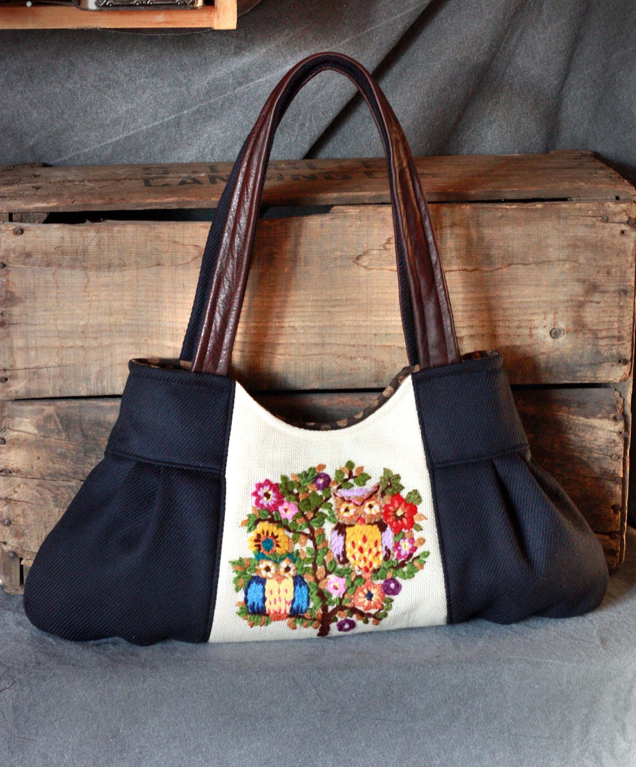 Embroidered OWL Handbag// Purse// Navy Wool & Leather/ SUPER SALE --Ready to ship--