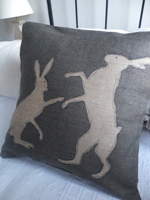 exclusive Helkat hand printed new  charcoal rustic boxing hare cushion cover