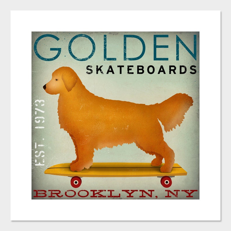 MADE TO ORDER Golden Retriever Longboards Skateboards  -  Archival Giclee Print 12x12 inches Signed