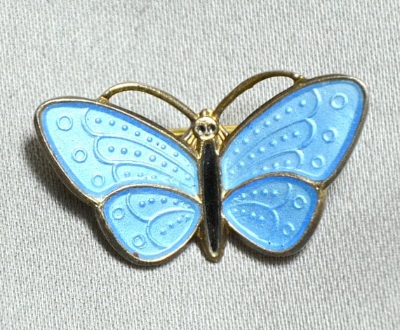 AKSEL HOLMSEN  Modernist NORWAY Sterling Enamel Butterfly Pin - Vermeil - Baby Blue