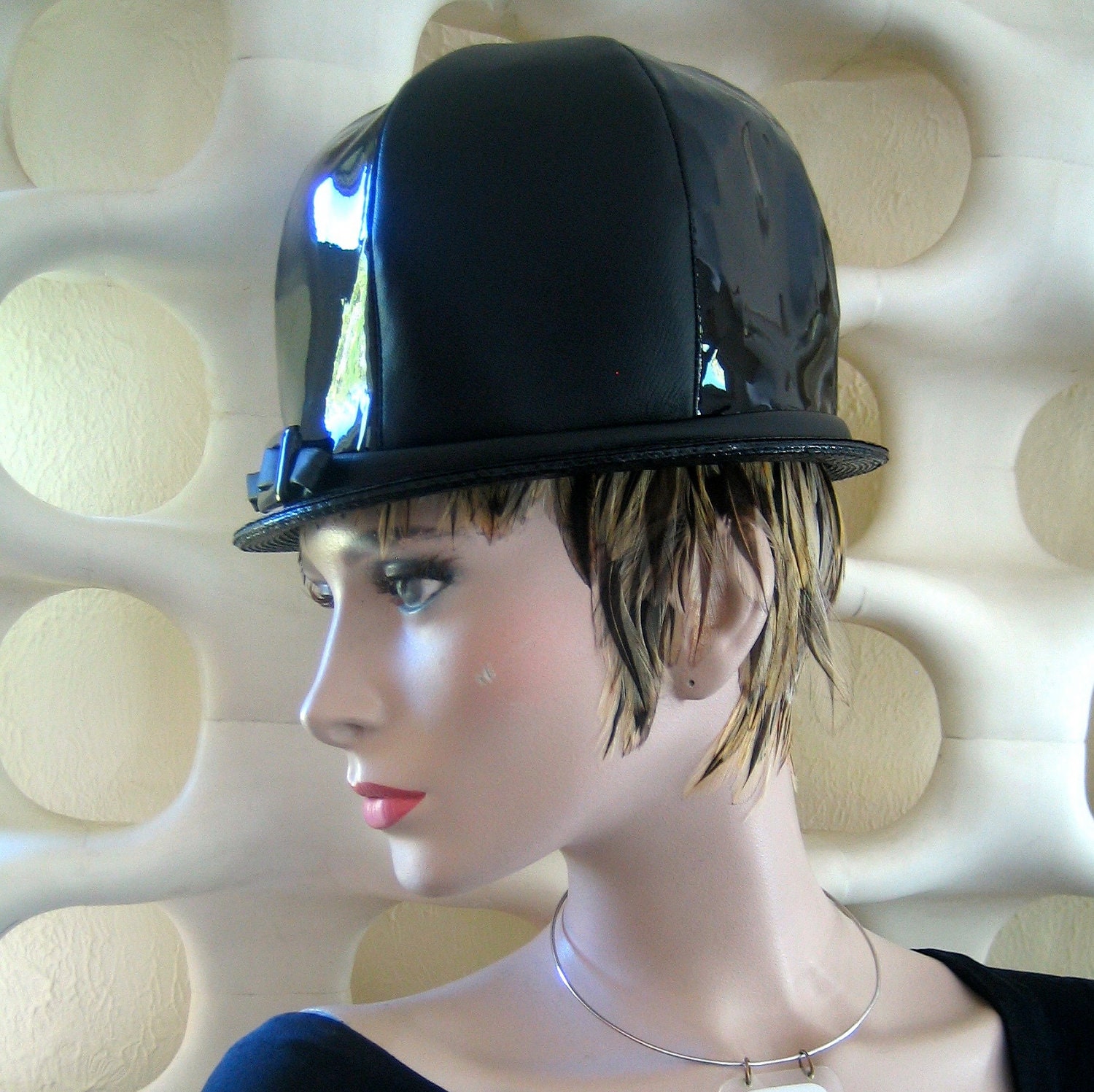 60's Era High Fashion Mod Bubble Hat in Black Matte & Black Patent Vinyl