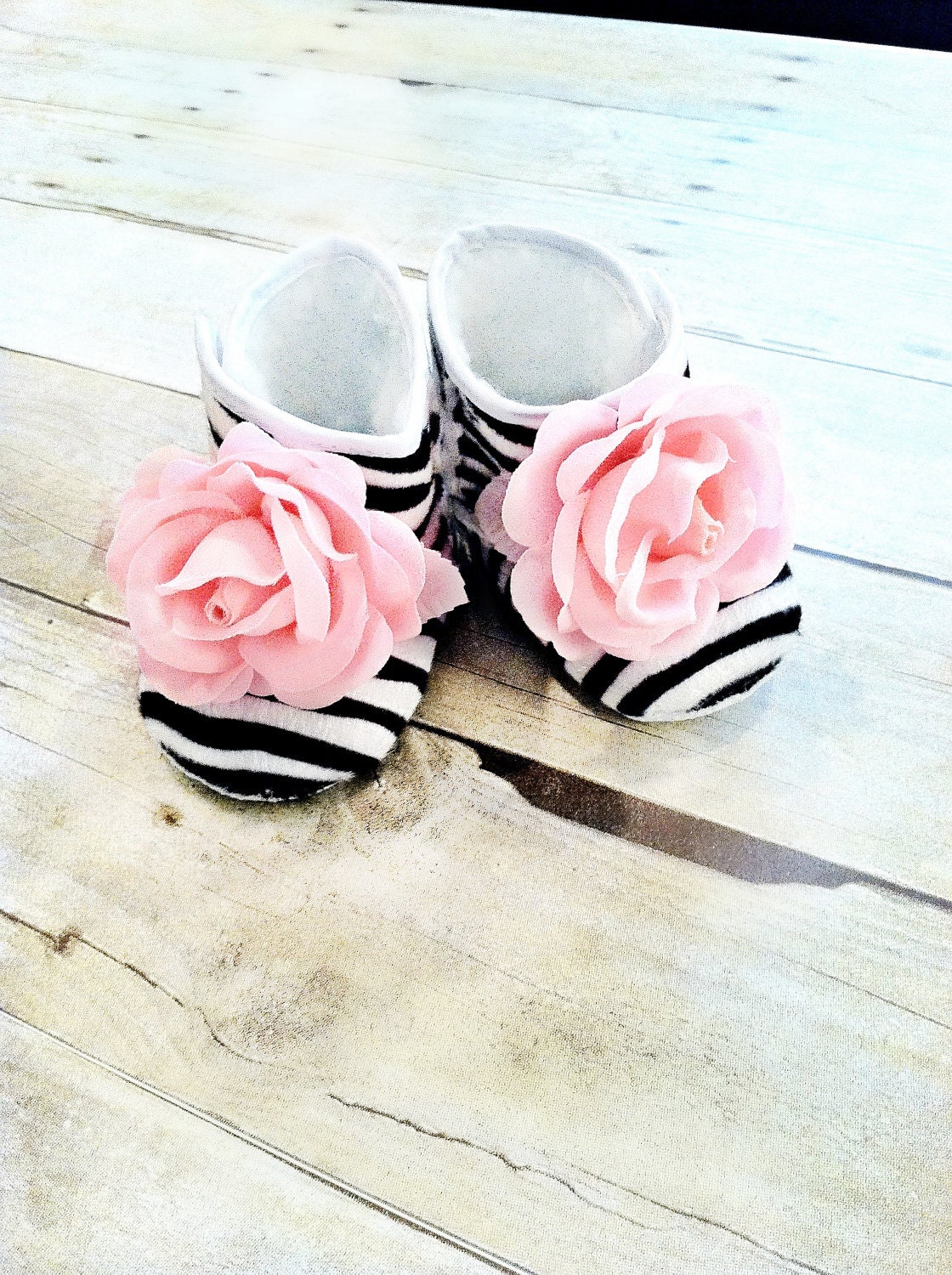 Boutique Zebra Baby Girl Booties Baby Infant Shoes Non Skid with Vintage Crystal Center Size Newborn- 1 year Children- Baby Shower Gift