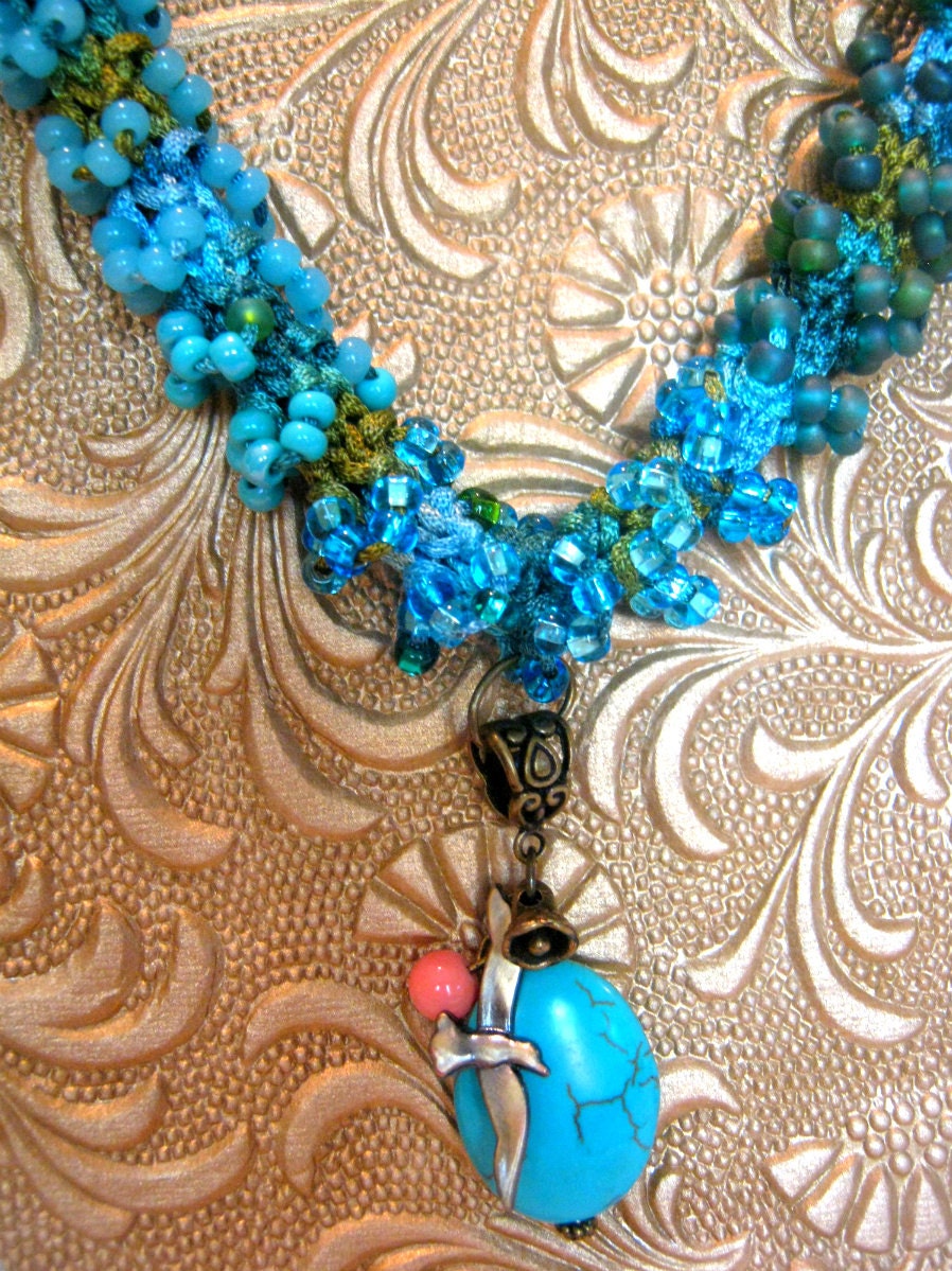 Beaded Knit Necklace - Turquoise