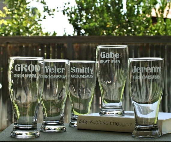 Custom Wedding Toasting Glasses, Etched Glass, Pilsner Glasses with Groomsmen Names & Your Wedding Date, home brewing, homebrew, beer