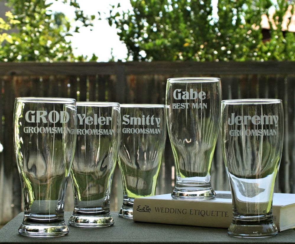 Custom Wedding Toasting Glasses, Etched Glass, Pilsner Glasses with Groomsmen Names & Your Wedding Date, home brewing, homebrew, beer