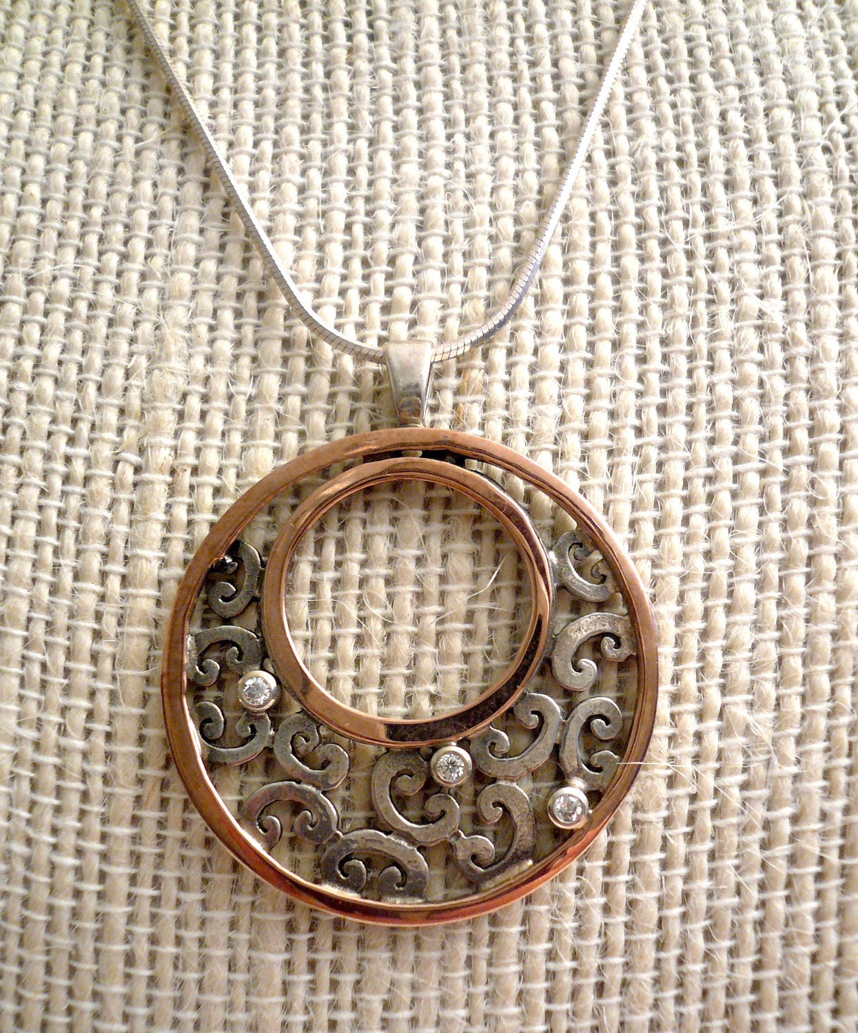 SALE...Stunning 14k and Sterling Silver Rose Gold Floral Scroll Pendant/Necklace with White Topaz