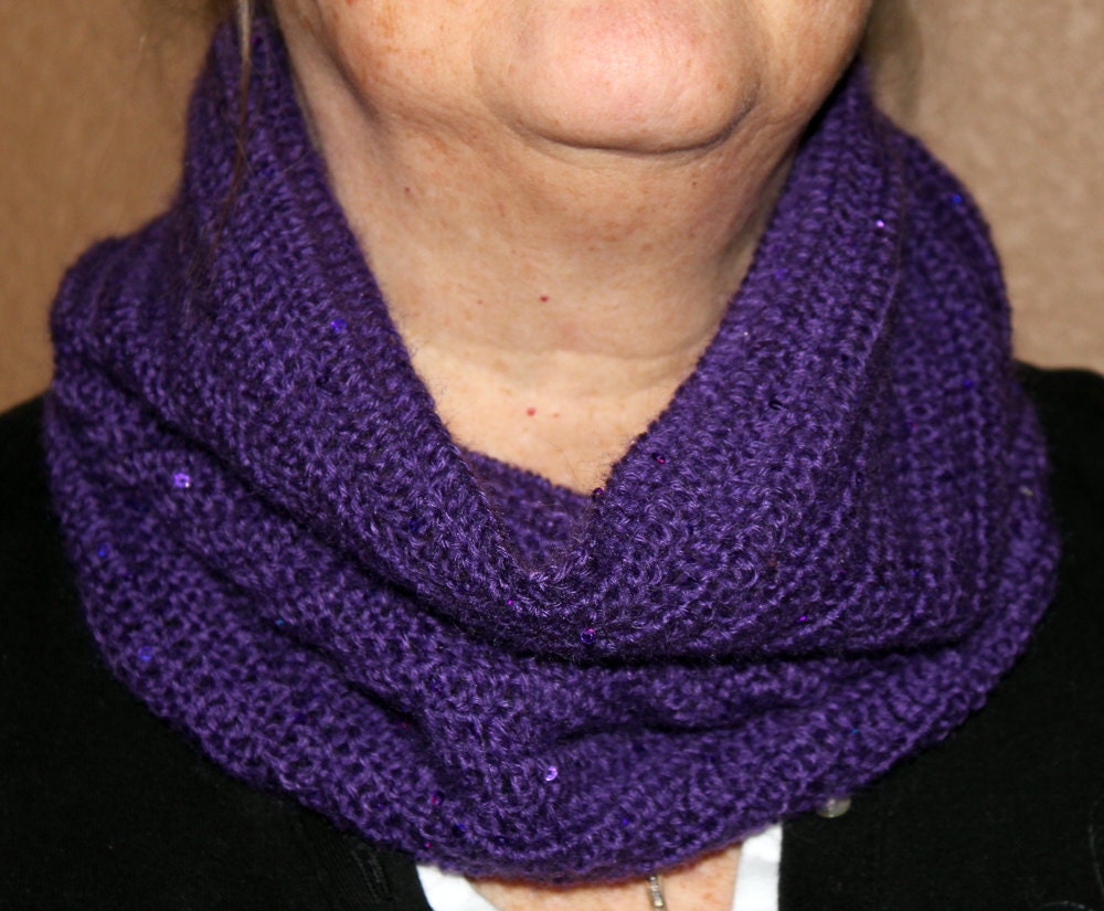 Crochet Cowl, Texting Gloves Ensemble Amethyst Purple Sequins Handmade One of a Kind