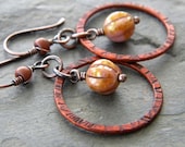 Golden Pink Beige Copper Circle Link Earrings Chestnut Brown Patina Iridescent Glass Melon Bead  Artisan Bohemian Jewelry
