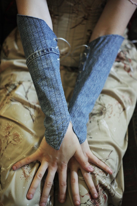 Blue Jean Denim Long Elven Cuffs Bracers With Grommets