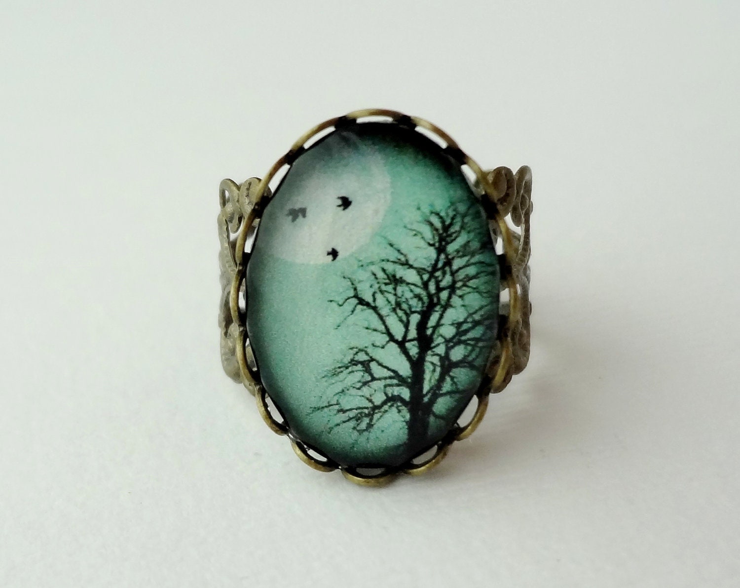 SHOP SALE- Aqua Turquoise or Dusty Rose Winter Tree Filigree Statement Ring. Birds. Winter Tree. Full Moon. Sky