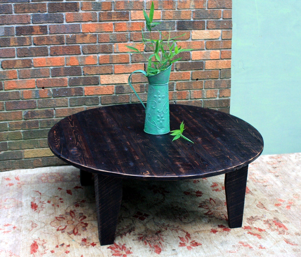 Large Circular Coffee Table, Reclaimed Wood, Rustic Contemporary, Dark Brown Finish - Handmade