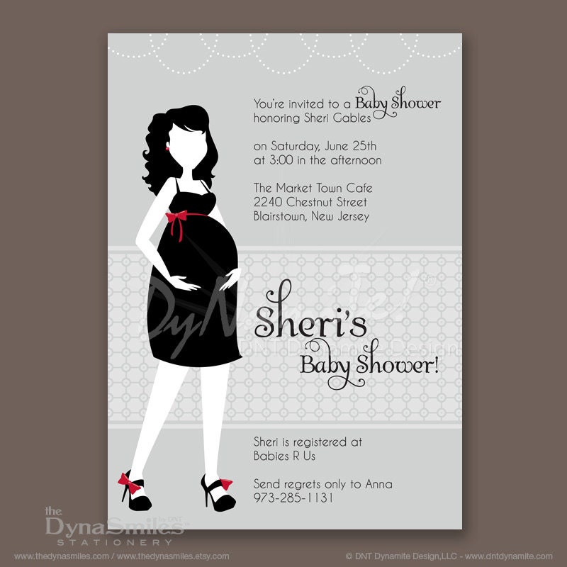 Pregnant Diva - Baby Shower Invitation - Silhouette - Long Wavy Hair Style