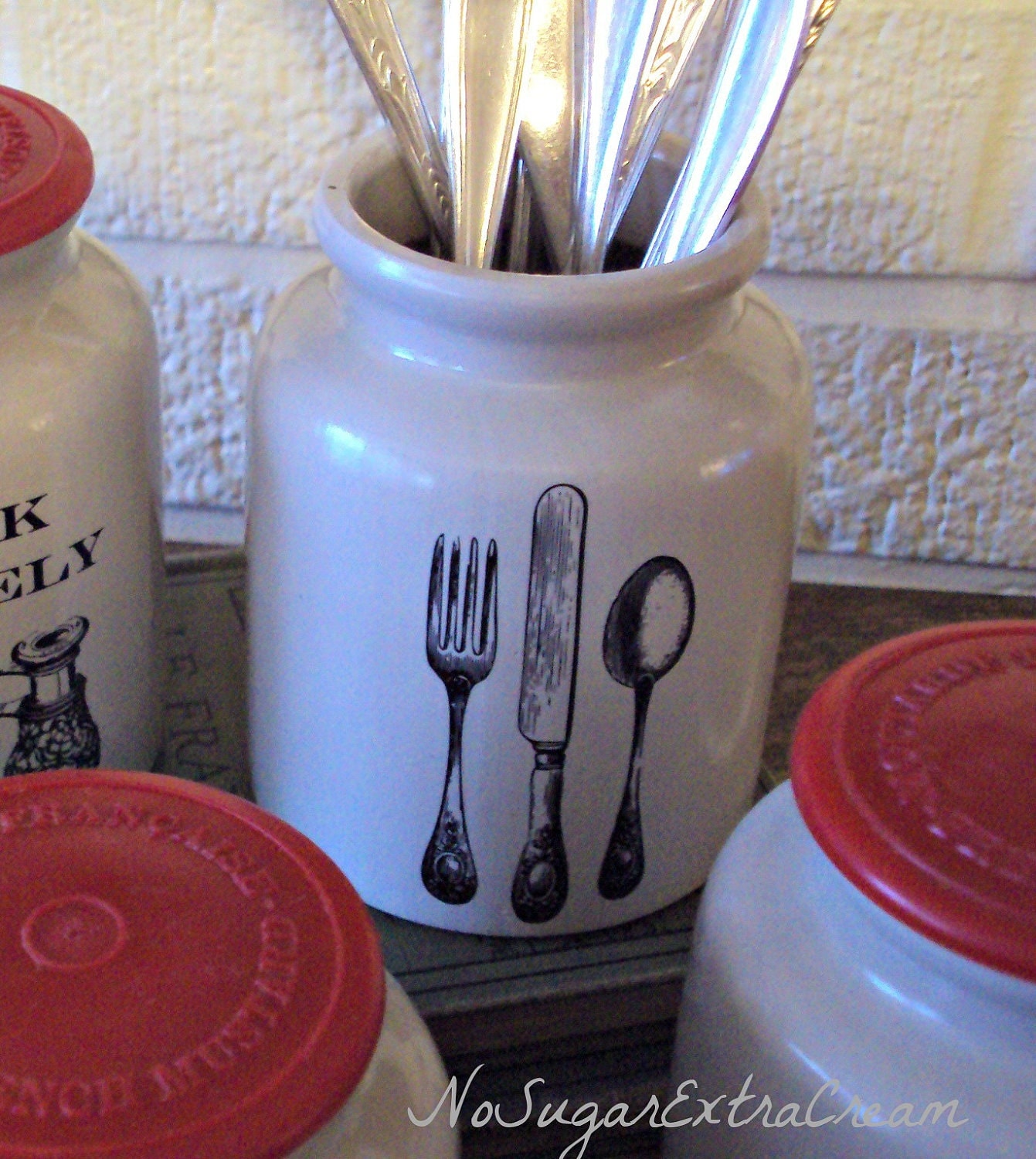 Vintage Mustard Crock Knife Fork Spoon Vintage French Mustard Jar Silverware Crock