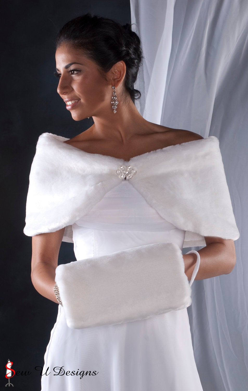 Bride's winter wedding faux fur custom 10" wide wrap shawl and muff set shrug & handwarmer Available in White or Black