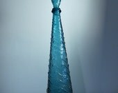 vintage Mid Century Tall Textured Glass Decanter - Turquoise Aqua Waves Swirls